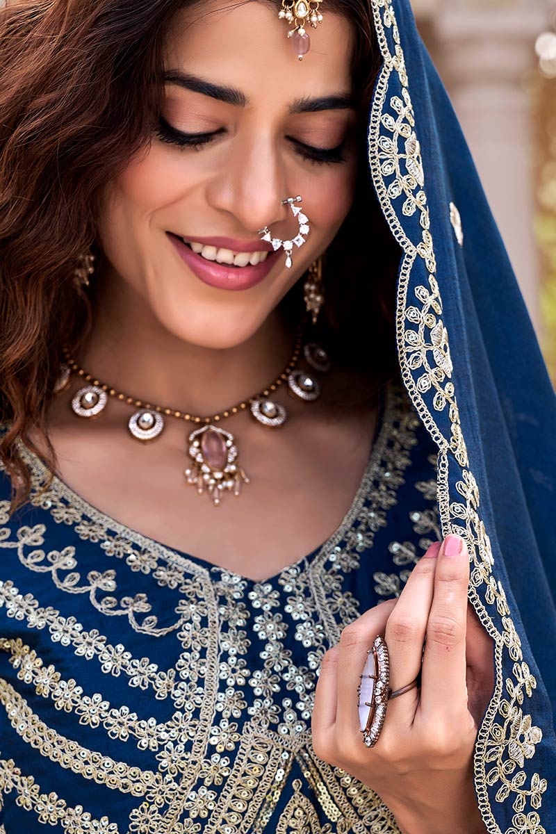 Traditional Wedding Outfit – Teal Blue Embroidered Skirt & Choli RTI