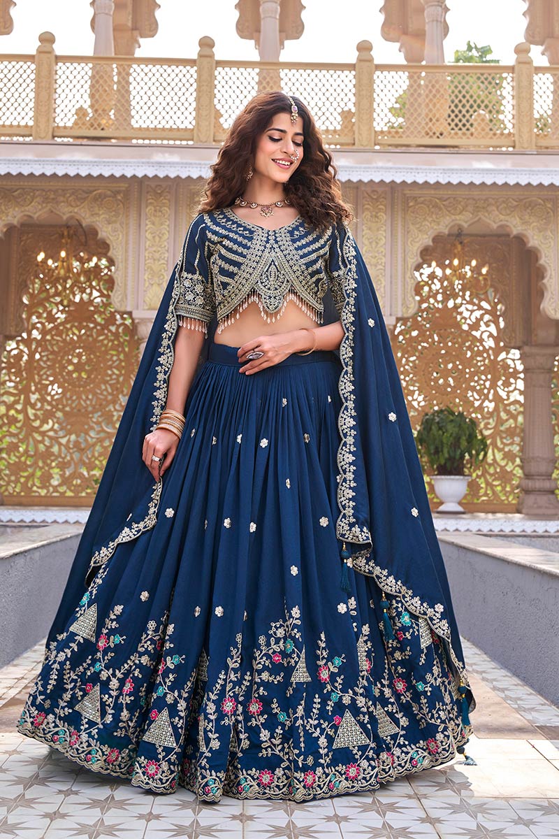 Traditional Wedding Outfit – Teal Blue Embroidered Skirt & Choli RTI