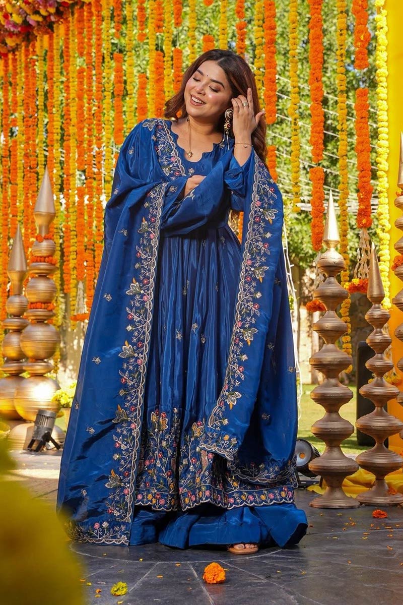 Trendy flowy Anarkali / traditional festive outfit in Teal Blue SOU