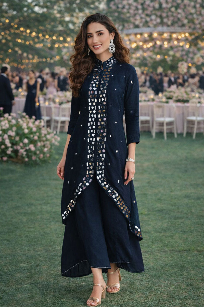 Royal Navy Mirror Detail Kurta Set – Women’s Palazzo Suit SOU
