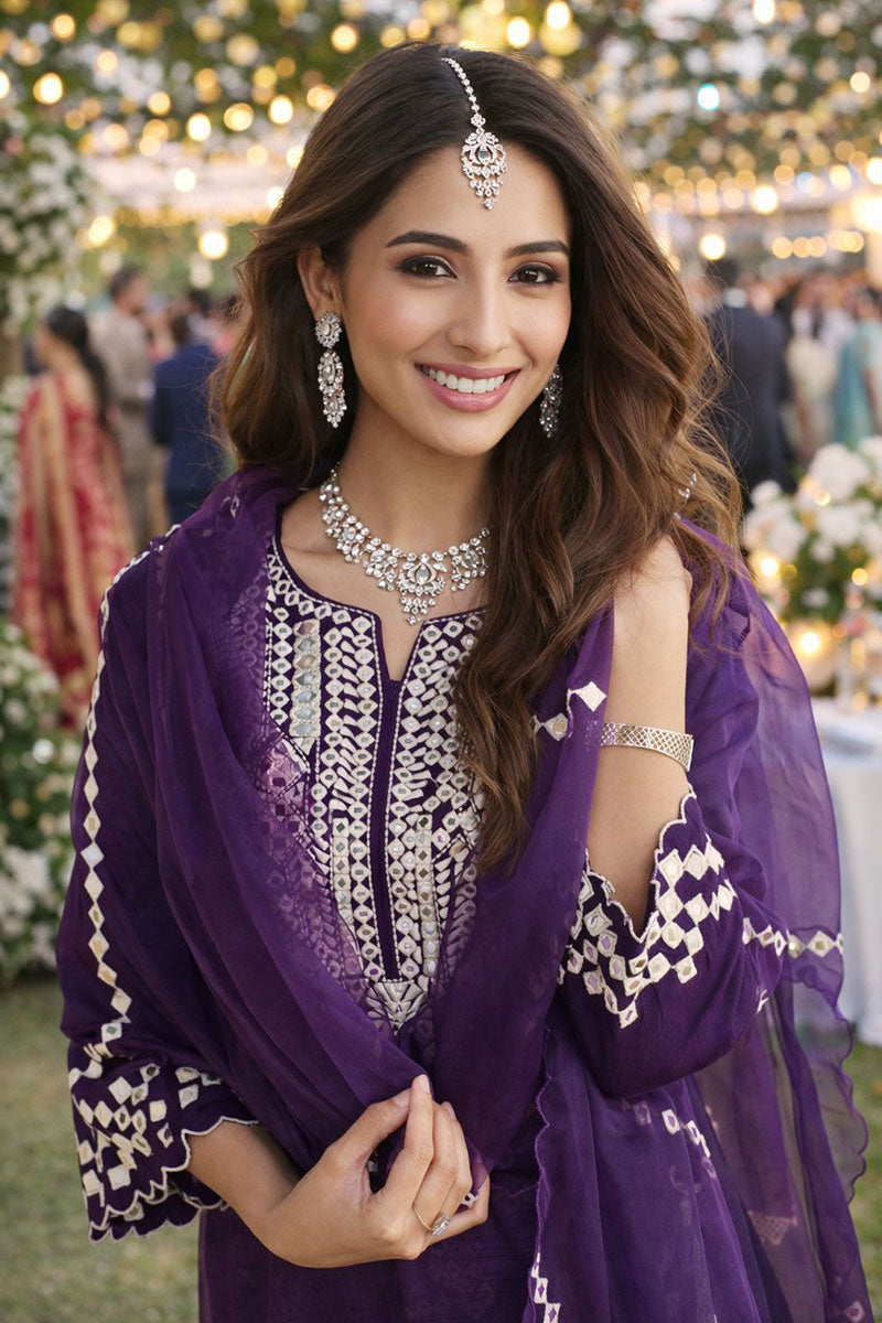 Purple Kurta Set with Palazzo & Dupatta – Women’s Salwar Churidar RTI