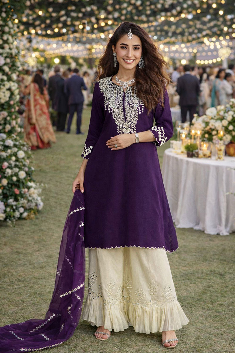 Purple Kurta Set with Palazzo & Dupatta – Women’s Salwar Churidar RTI