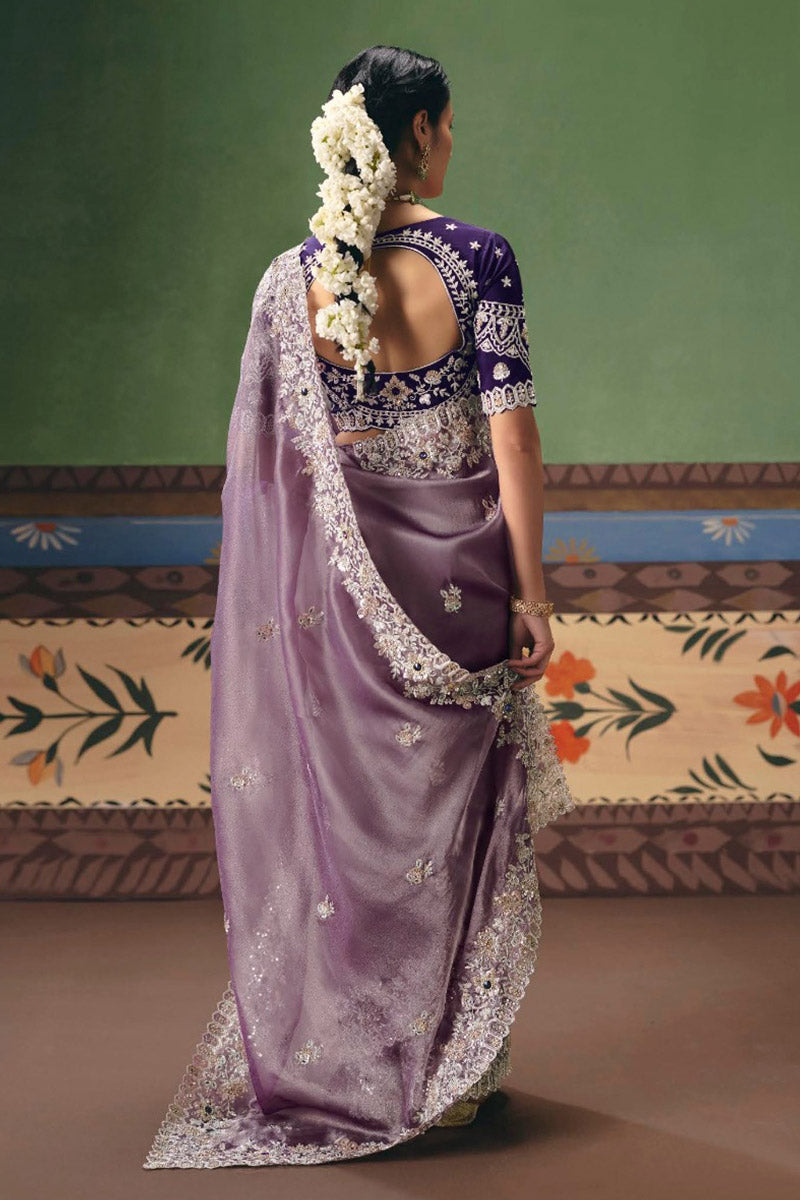 Lavender Designer Saree for Women | Silver Embroidery Wedding Wear UK RTI