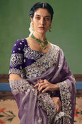 Lavender Designer Saree for Women | Silver Embroidery Wedding Wear UK RTI