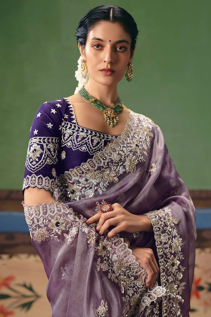 Lavender Designer Saree for Women | Silver Embroidery Wedding Wear UK RTI