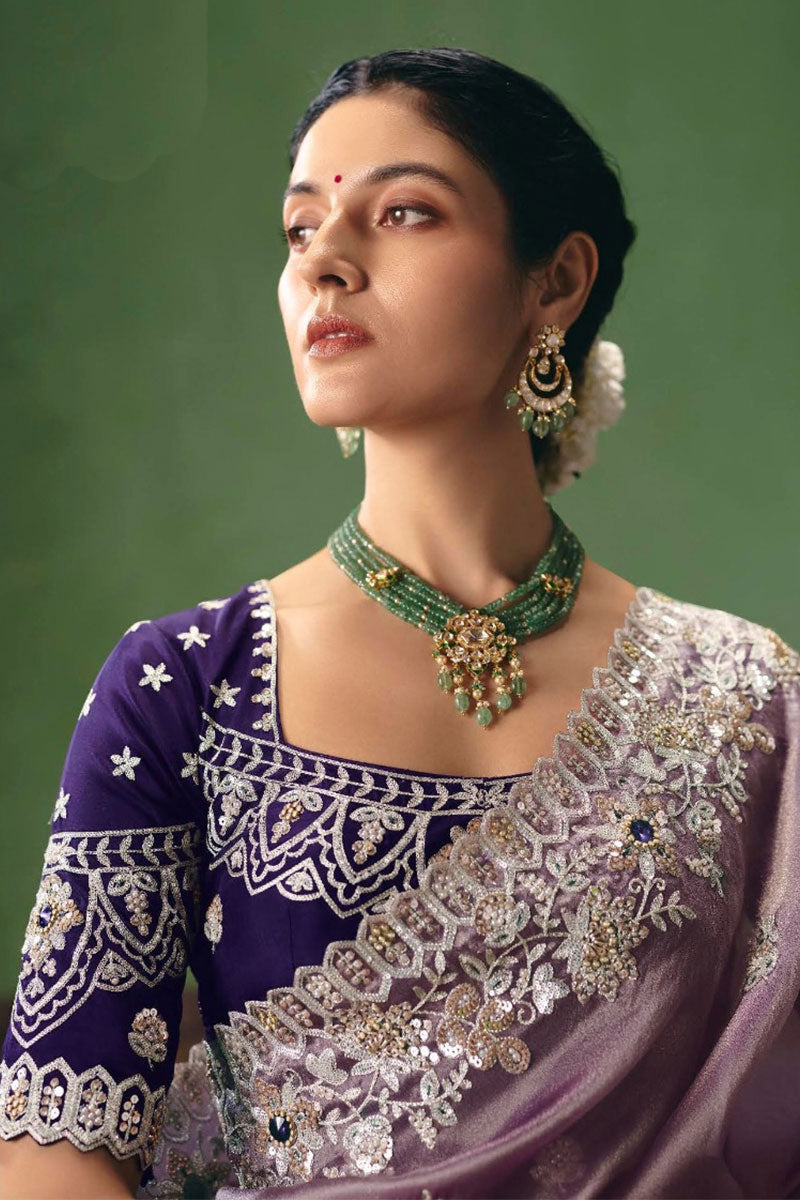 Lavender Designer Saree for Women | Silver Embroidery Wedding Wear UK RTI