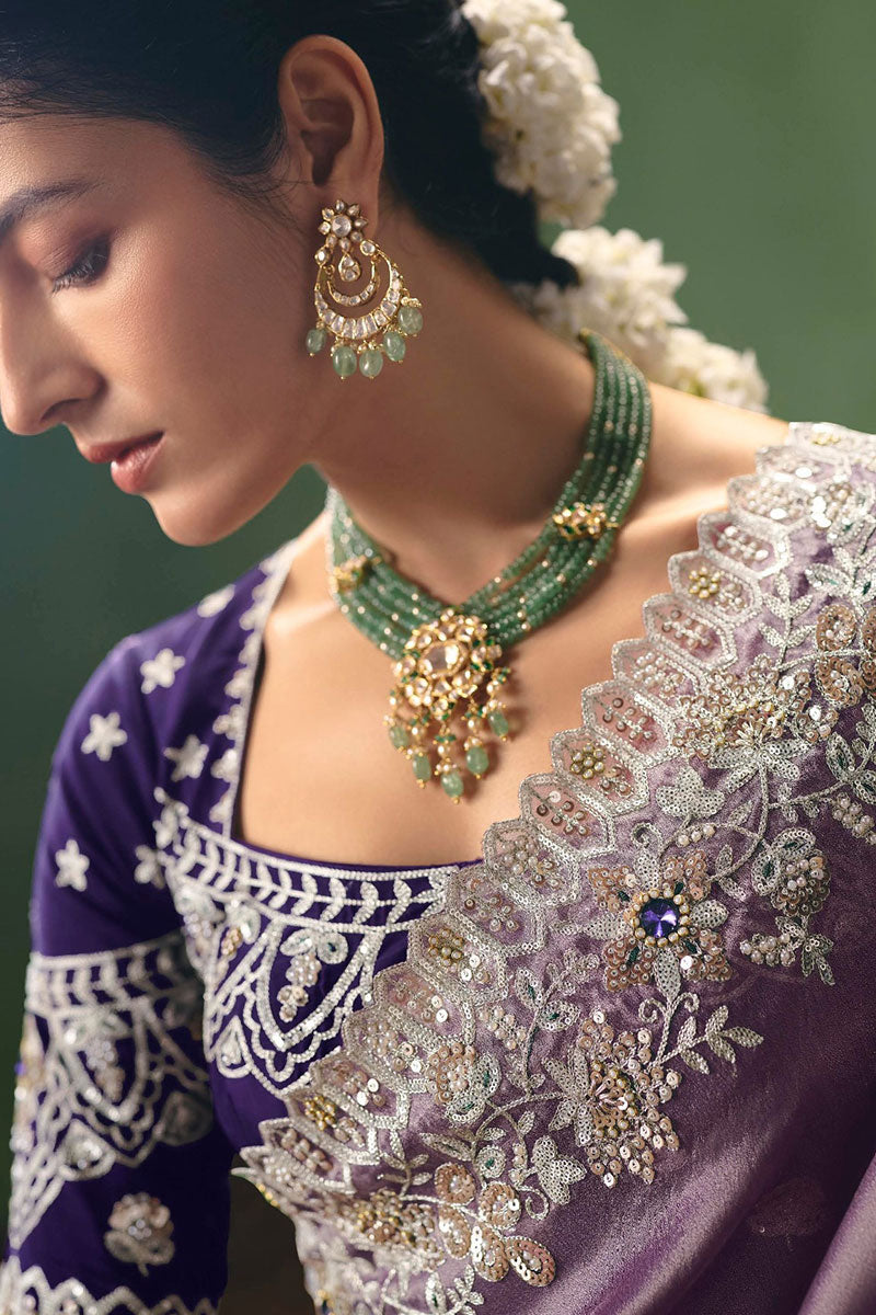 Lavender Designer Saree for Women | Silver Embroidery Wedding Wear UK RTI