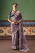 Lavender Designer Saree for Women | Silver Embroidery Wedding Wear UK RTI