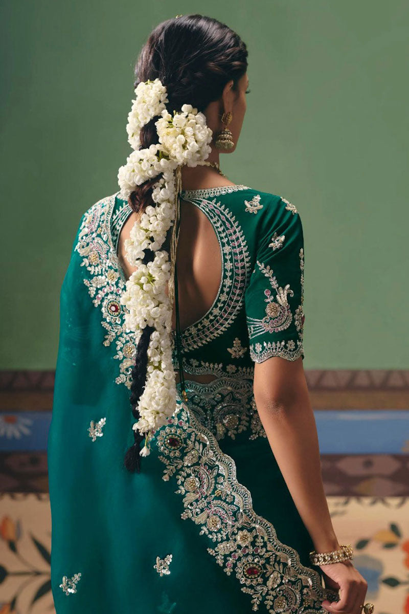 Teal Embroidered Saree UK | Designer Party Wear for Women RTI
