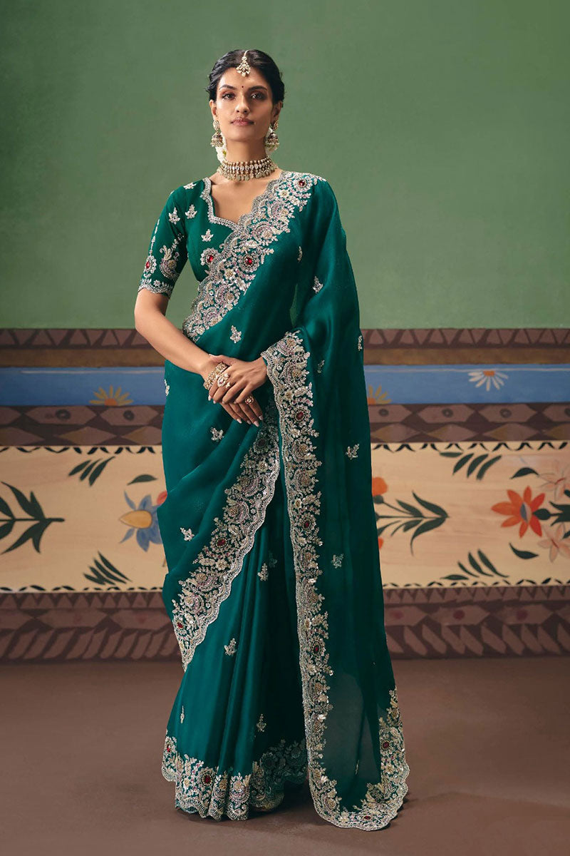 Teal Embroidered Saree UK | Designer Party Wear for Women RTI