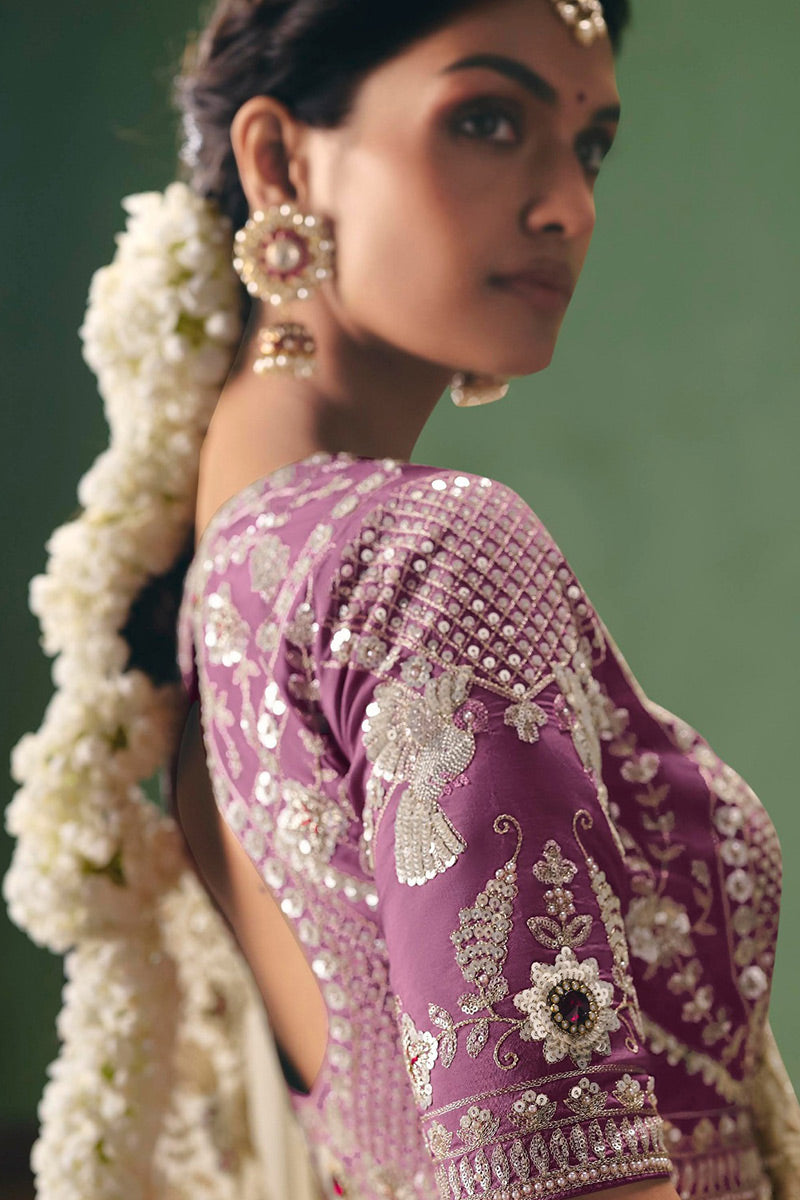 Designer Cream Saree UK | Silver Embroidery Wedding Outfit RTI