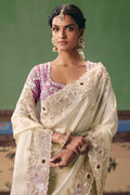 Designer Cream Saree UK | Silver Embroidery Wedding Outfit RTI