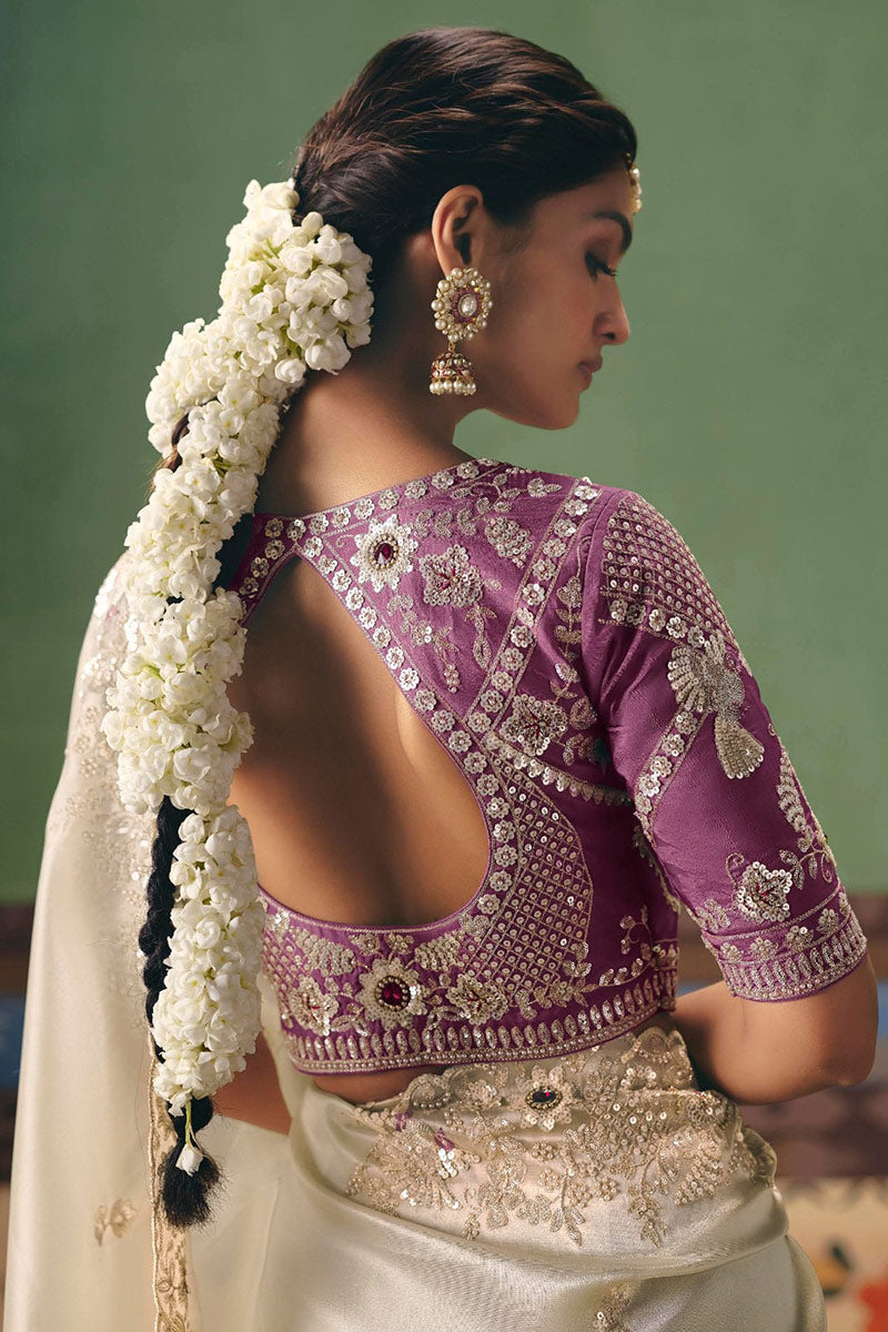 Designer Cream Saree UK | Silver Embroidery Wedding Outfit RTI