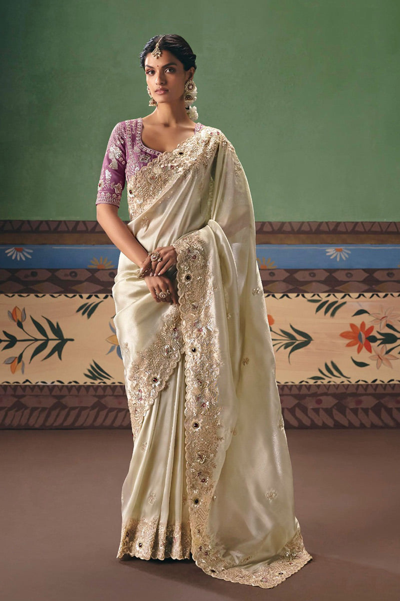 Designer Cream Saree UK | Silver Embroidery Wedding Outfit RTI