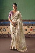 Designer Cream Saree UK | Silver Embroidery Wedding Outfit RTI