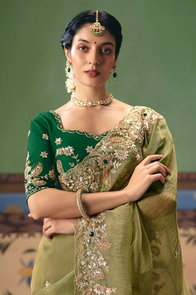 Pista Green Wedding Saree for Women | Luxury Embroidered Saree UK RTI
