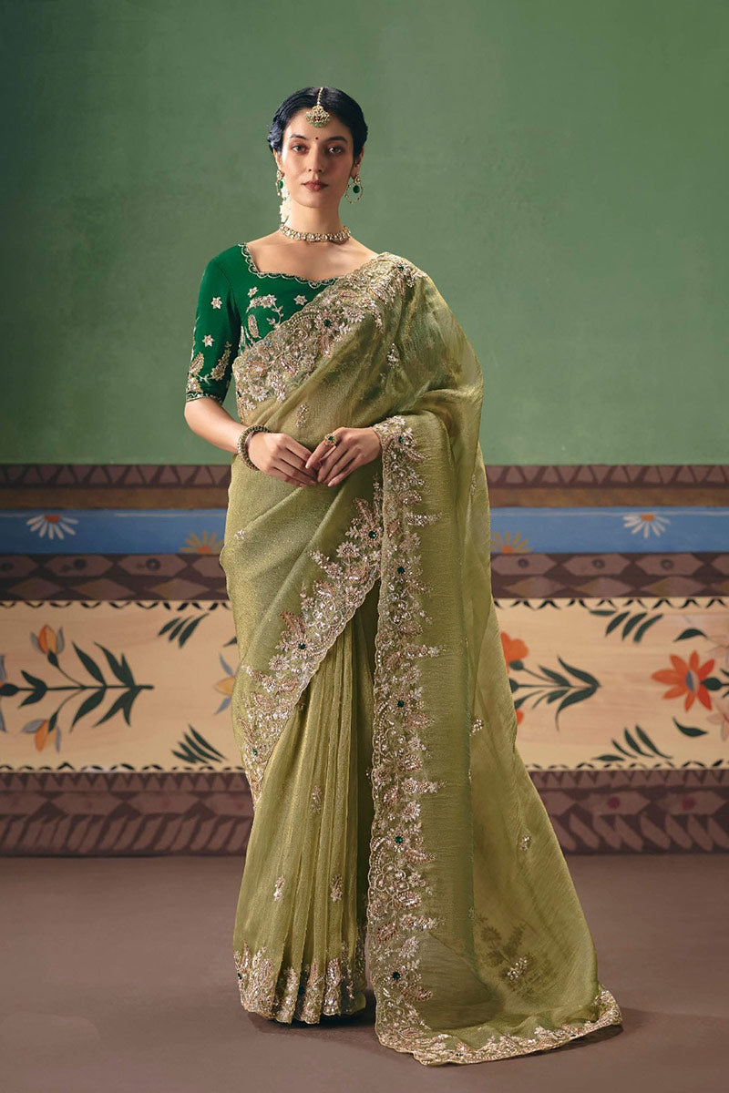 Pista Green Wedding Saree for Women | Luxury Embroidered Saree UK RTI