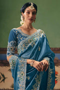 Silver Embroidered Blue Saree UK | Lavender Designer Wedding Wear RTI