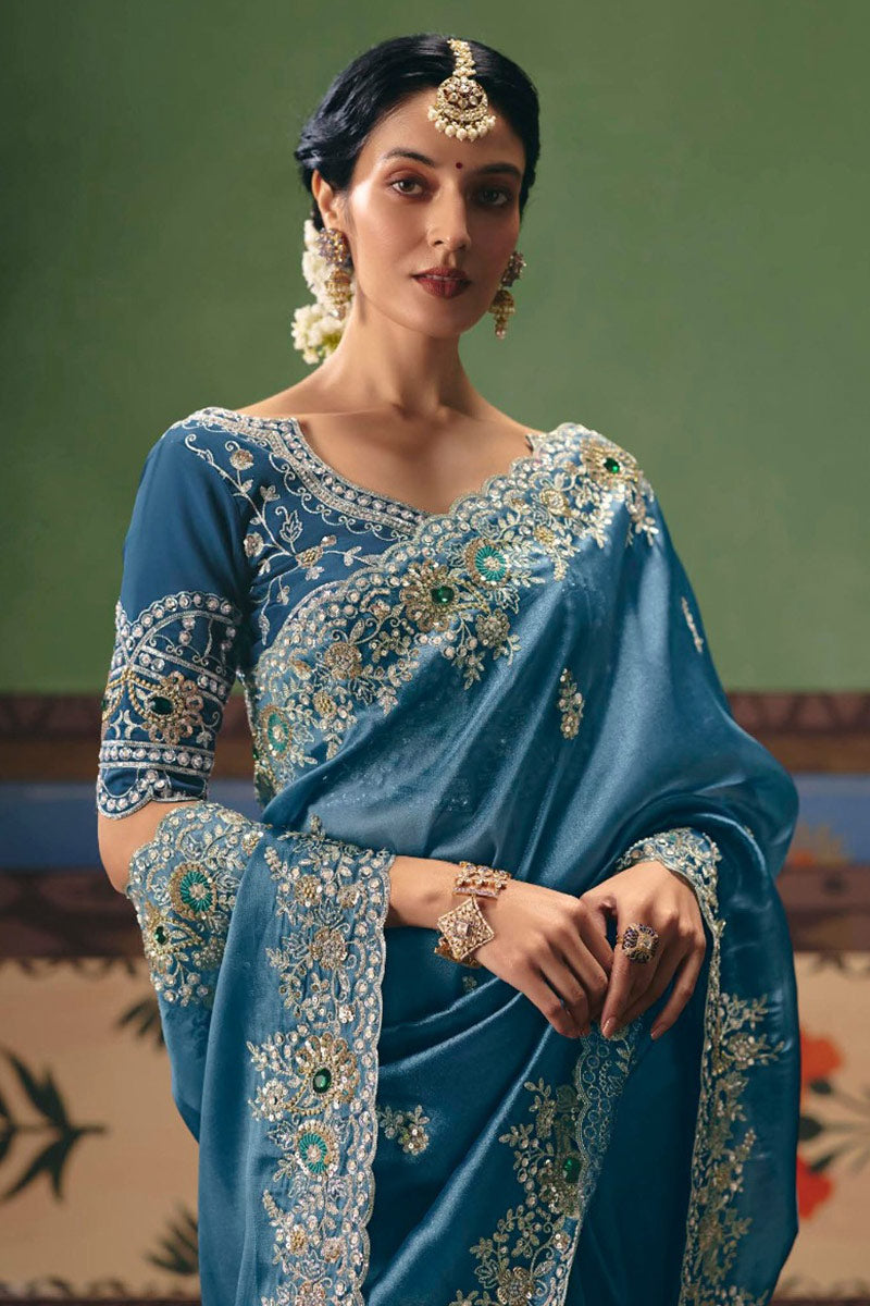 Silver Embroidered Blue Saree UK | Lavender Designer Wedding Wear RTI