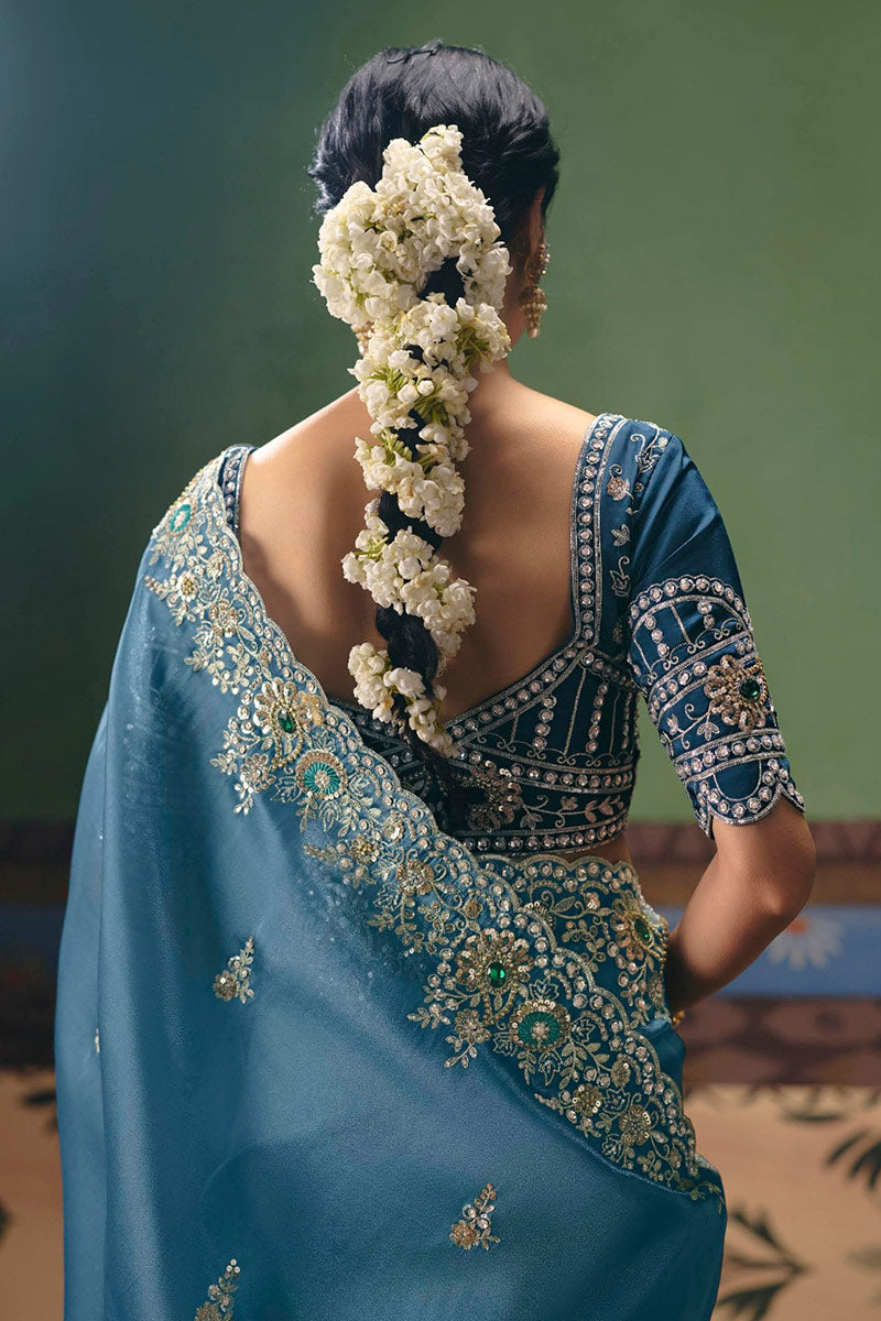Silver Embroidered Blue Saree UK | Lavender Designer Wedding Wear RTI