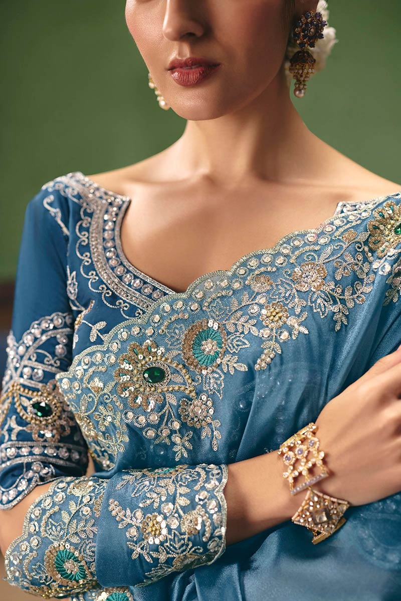 Silver Embroidered Blue Saree UK | Lavender Designer Wedding Wear RTI