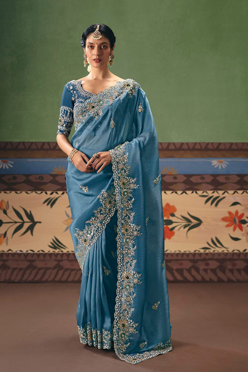 Silver Embroidered Blue Saree UK | Lavender Designer Wedding Wear RTI