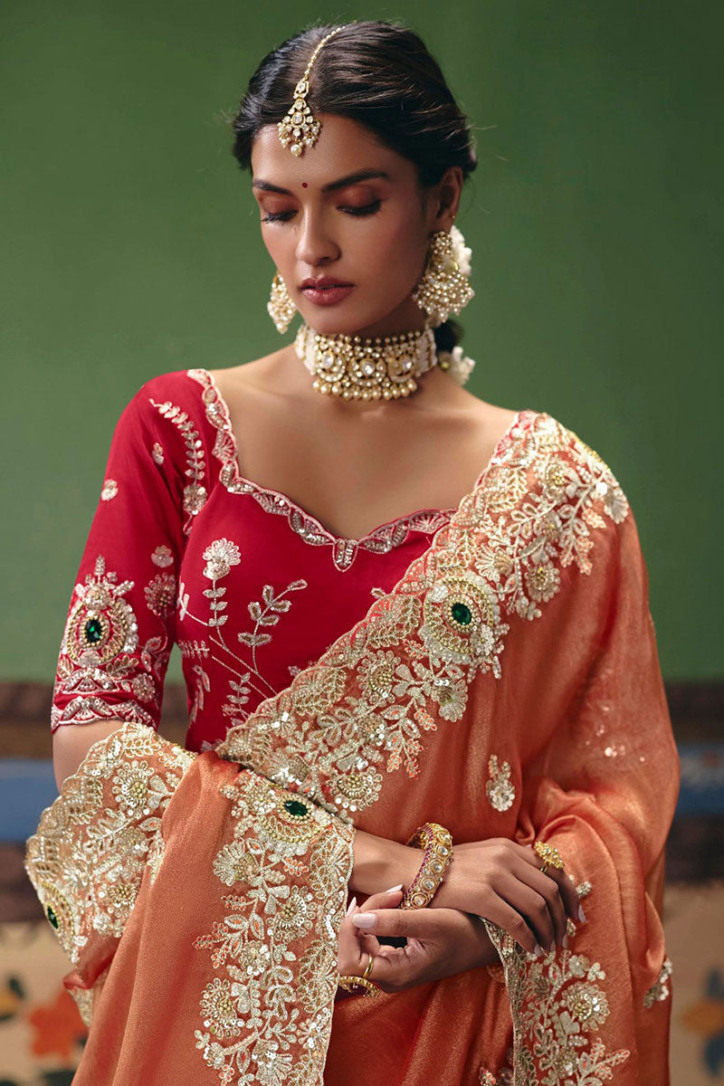 Rust Embroidered Bridal Saree UK | Handcrafted Stone sequins Detail RTI