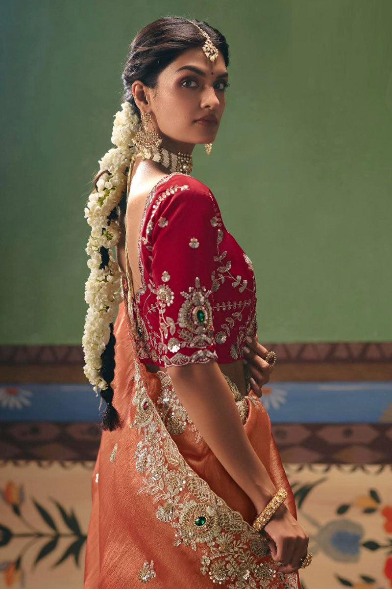 Rust Embroidered Bridal Saree UK | Handcrafted Stone sequins Detail RTI