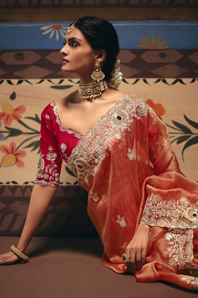 Rust Embroidered Bridal Saree UK | Handcrafted Stone sequins Detail RTI
