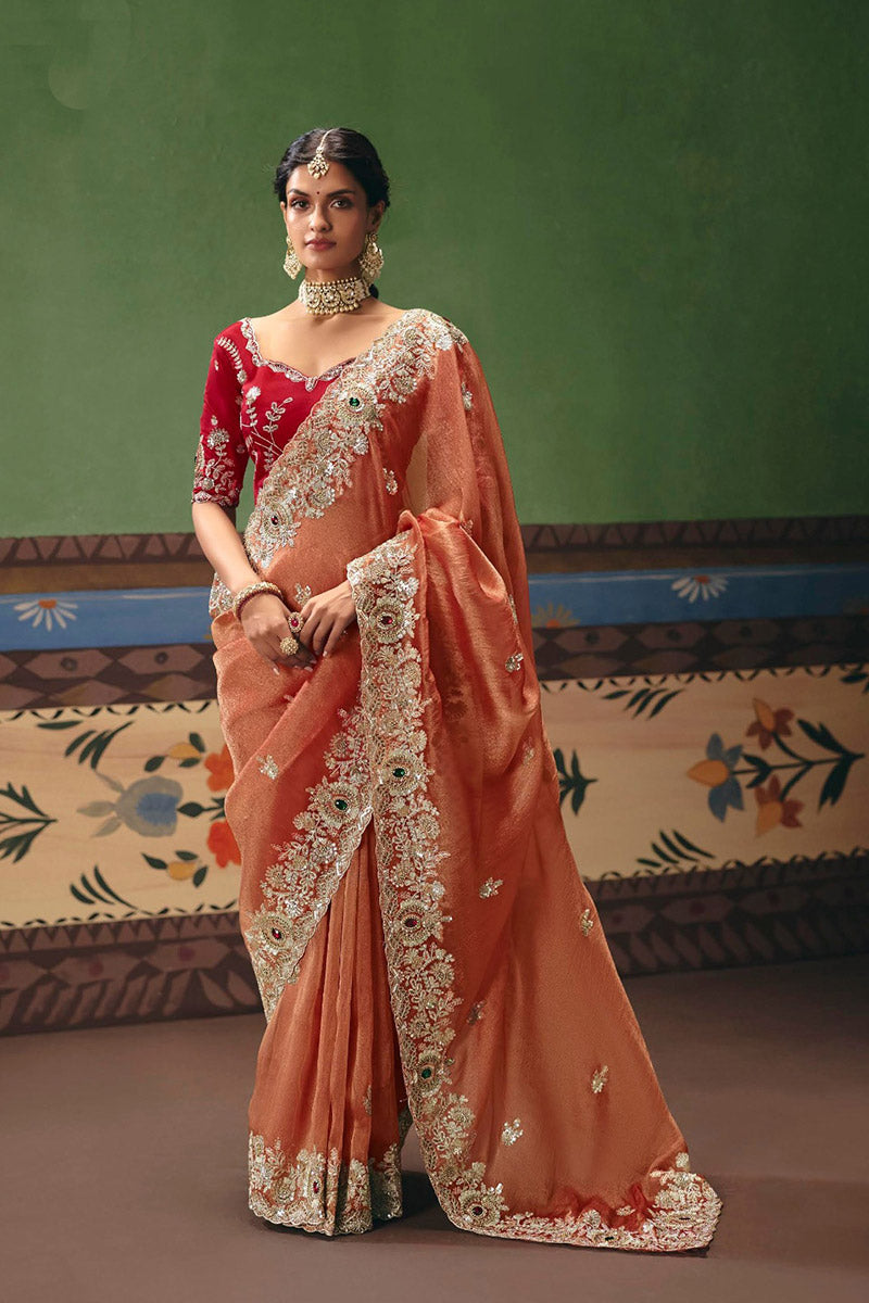 Rust Embroidered Bridal Saree UK | Handcrafted Stone sequins Detail RTI