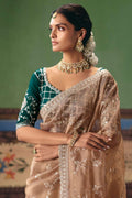 Beige Designer Wedding Saree UK | Intricate Silver Embroidery RTI