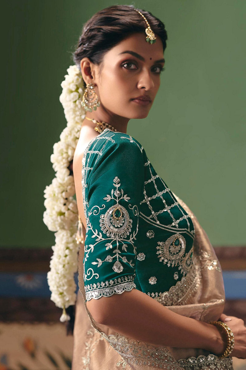 Beige Designer Wedding Saree UK | Intricate Silver Embroidery RTI