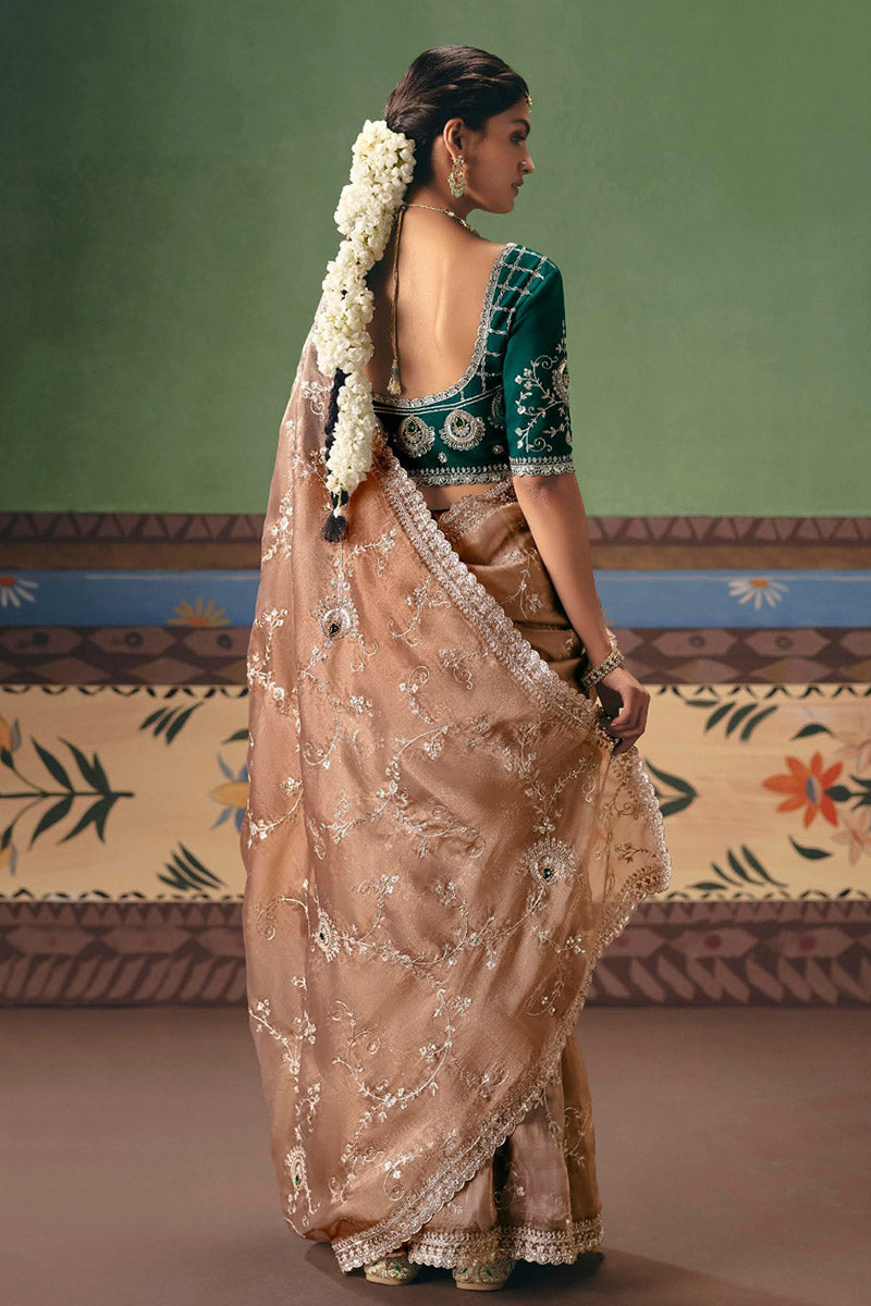 Beige Designer Wedding Saree UK | Intricate Silver Embroidery RTI