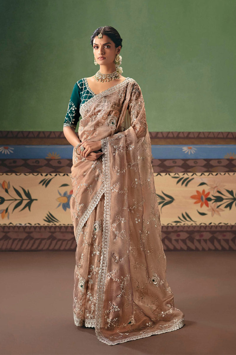 Beige Designer Wedding Saree UK | Intricate Silver Embroidery RTI