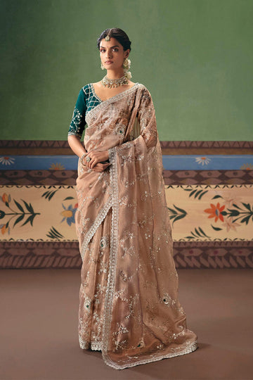 Beige Designer Wedding Saree UK | Intricate Silver Embroidery RTI