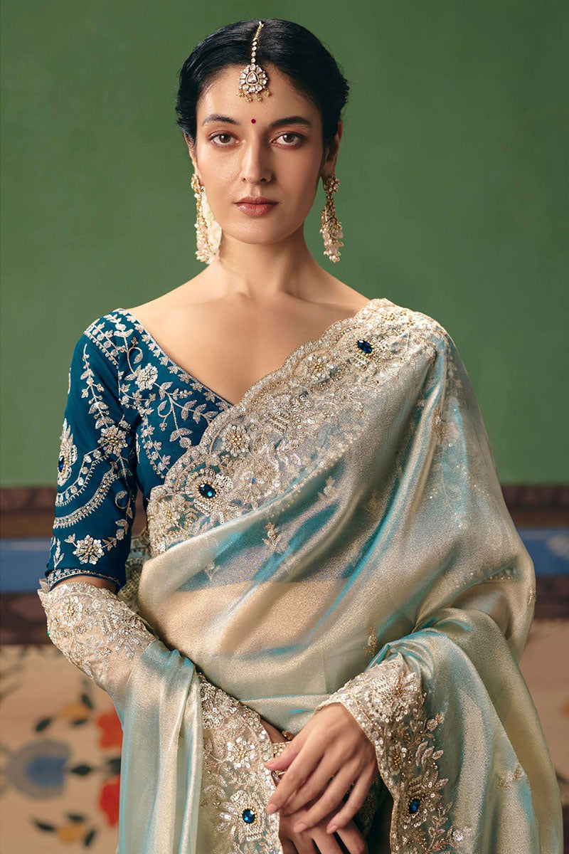 Designer Blue Stone Saree UK | Heavy Bridal Embroidery RTI