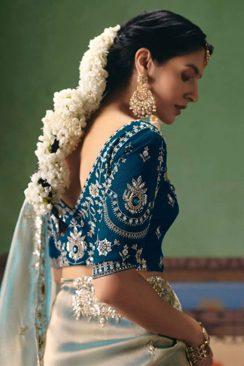 Designer Blue Stone Saree UK | Heavy Bridal Embroidery RTI