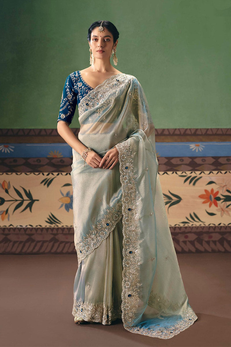 Designer Blue Stone Saree UK | Heavy Bridal Embroidery RTI