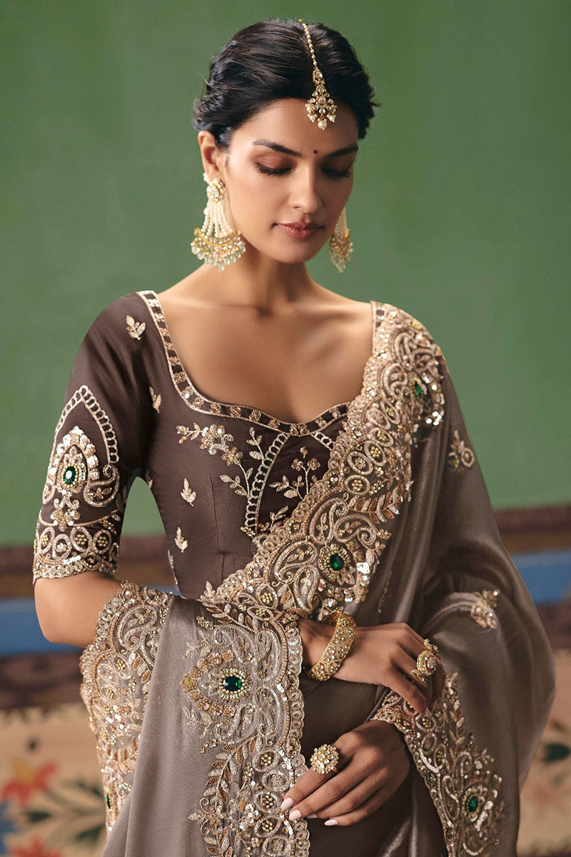 Premium Brown Festive Saree UK | Embellished Border & Pallu RTI