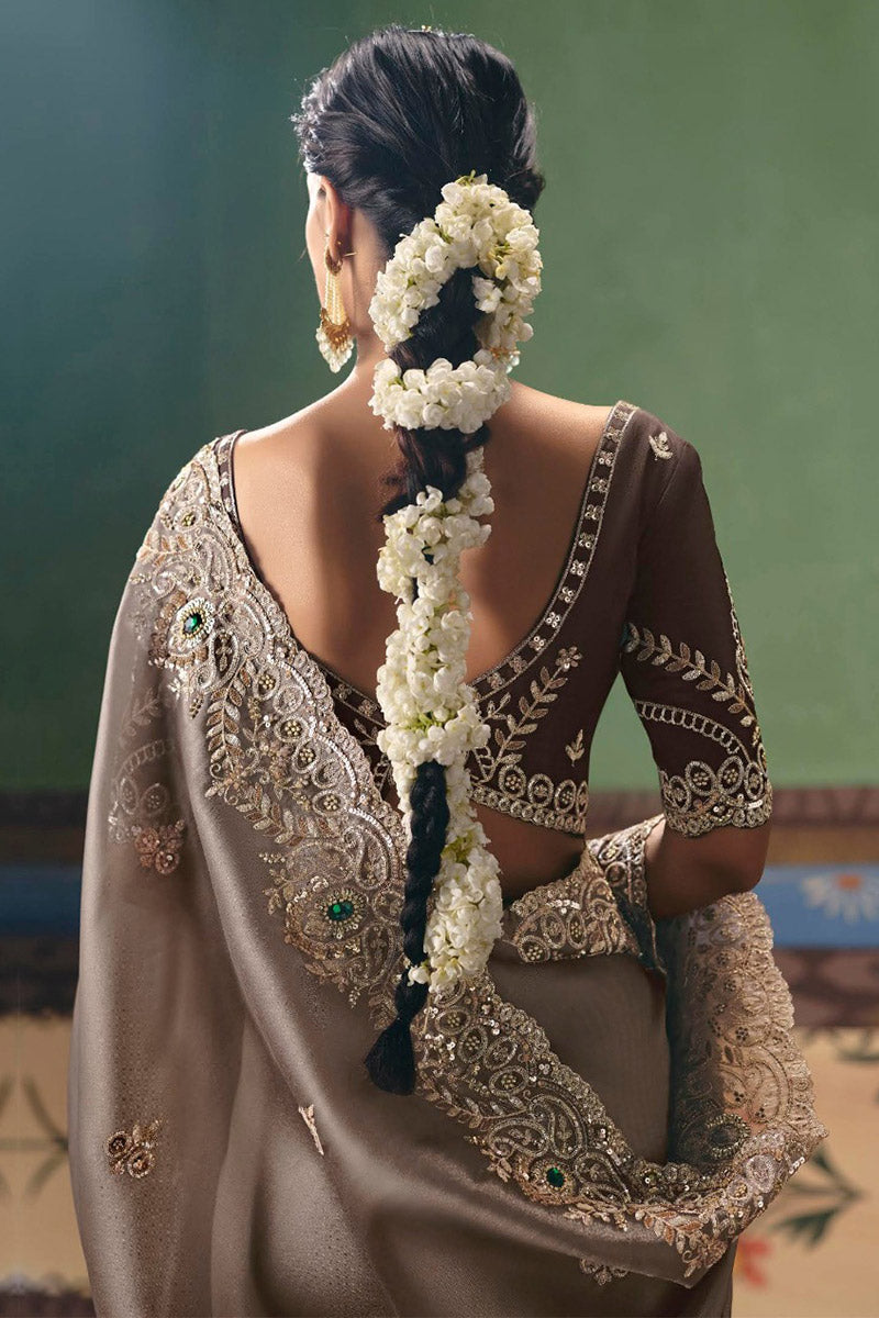 Premium Brown Festive Saree UK | Embellished Border & Pallu RTI