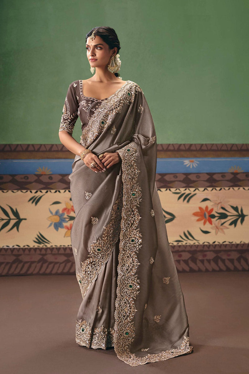 Premium Brown Festive Saree UK | Embellished Border & Pallu RTI