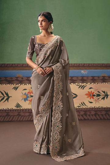 Premium Brown Festive Saree UK | Embellished Border & Pallu RTI