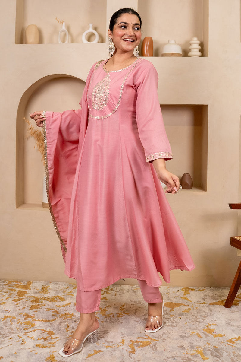 Blush Pink Churidar Suit with Gold Embroidery – Women’s Festive Wear RTI