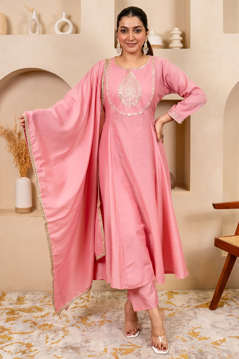 Blush Pink Churidar Suit with Gold Embroidery – Women’s Festive Wear RTI
