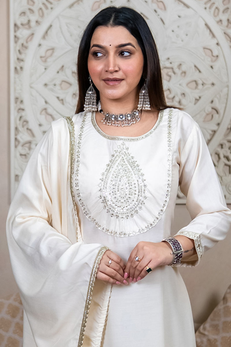 White Traditional Suit Set with Dupatta – Women’s Asian Clothing RTI