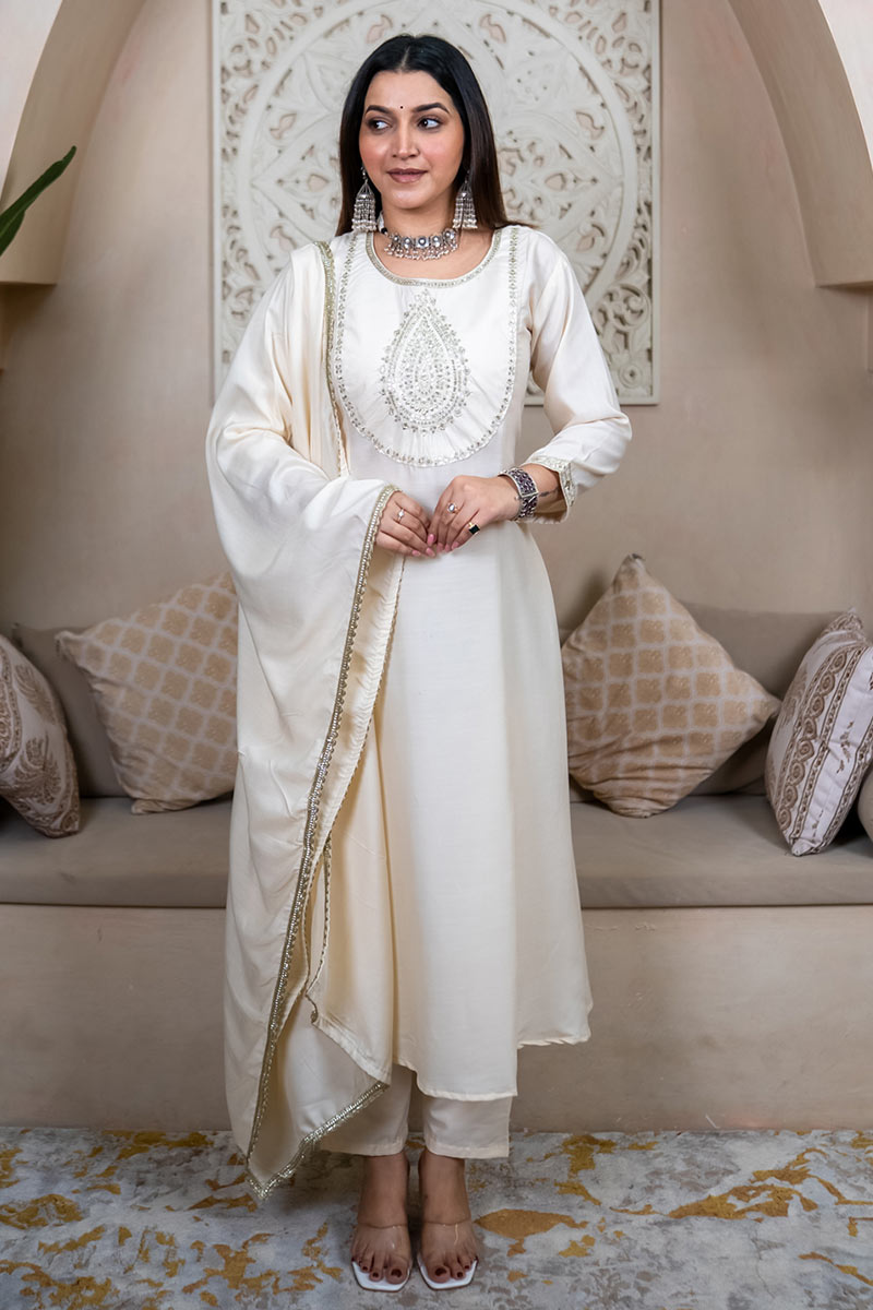 White Traditional Suit Set with Dupatta – Women’s Asian Clothing RTI
