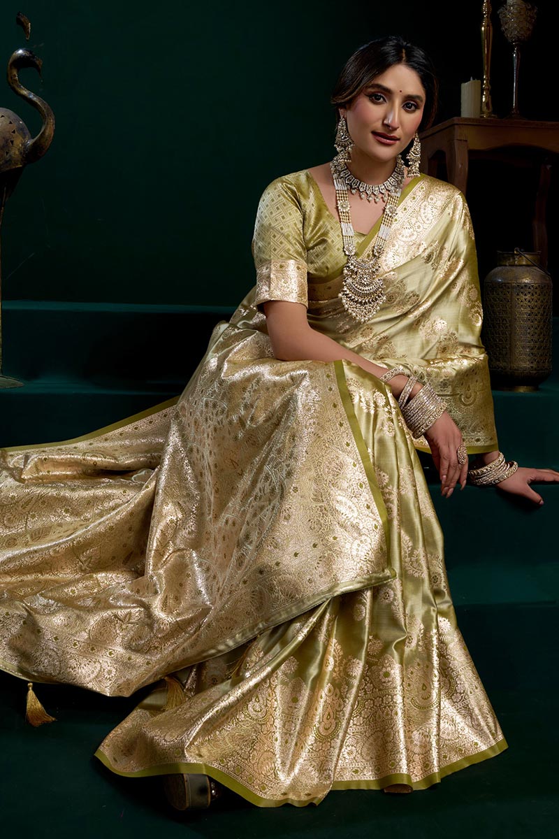 Gold Wedding Saree UK | Satin silk Brocade Festive Drapes RTI