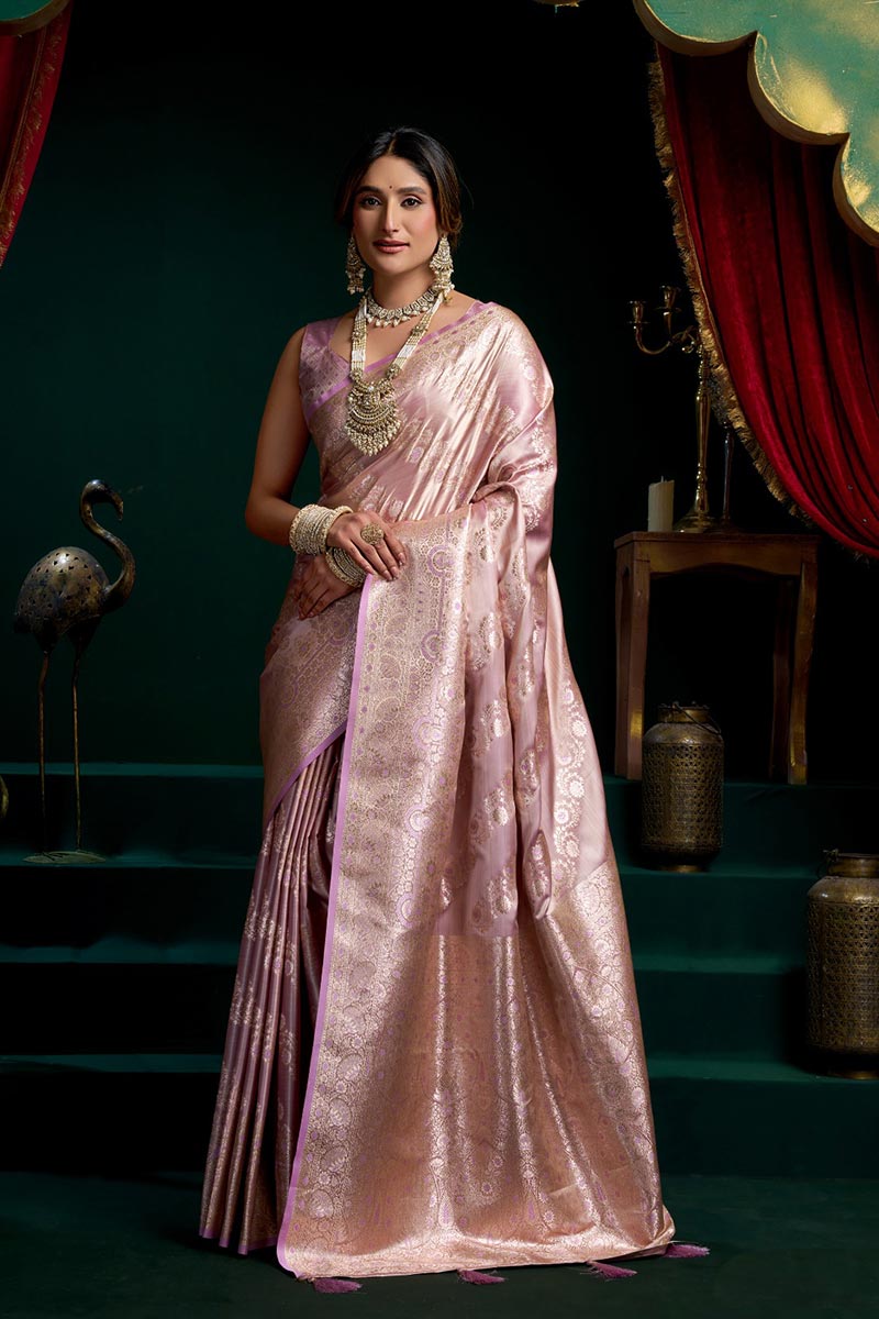 Elegant Lavender Satin Silk Saree UK | Traditional Wedding & Party Wear RTI