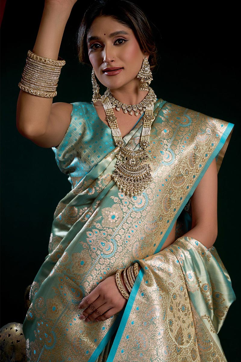 Sky Blue Designer Satin silk Saree UK | Rich Zari Floral Weave RTI