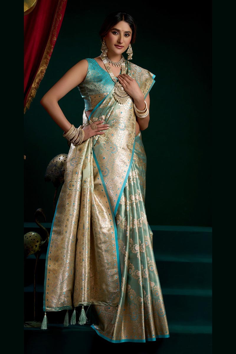 Sky Blue Designer Satin silk Saree UK | Rich Zari Floral Weave RTI